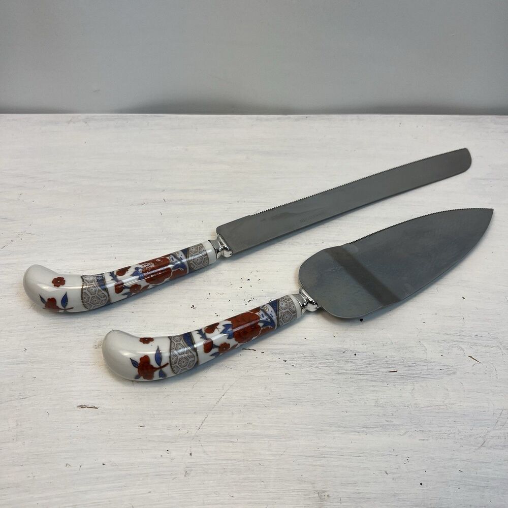 Cake Knife & Pie Server Set Floral Ceramic Handles Blue Red Gold Stainless Steel